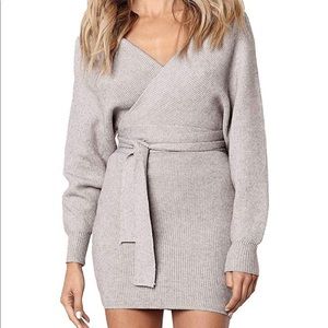 Amazon Grey Mini Belted Sweater Dress